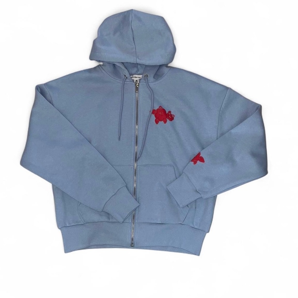 Blue Surf Girl zip-up hoodie with hibiscus flower design in size medium New